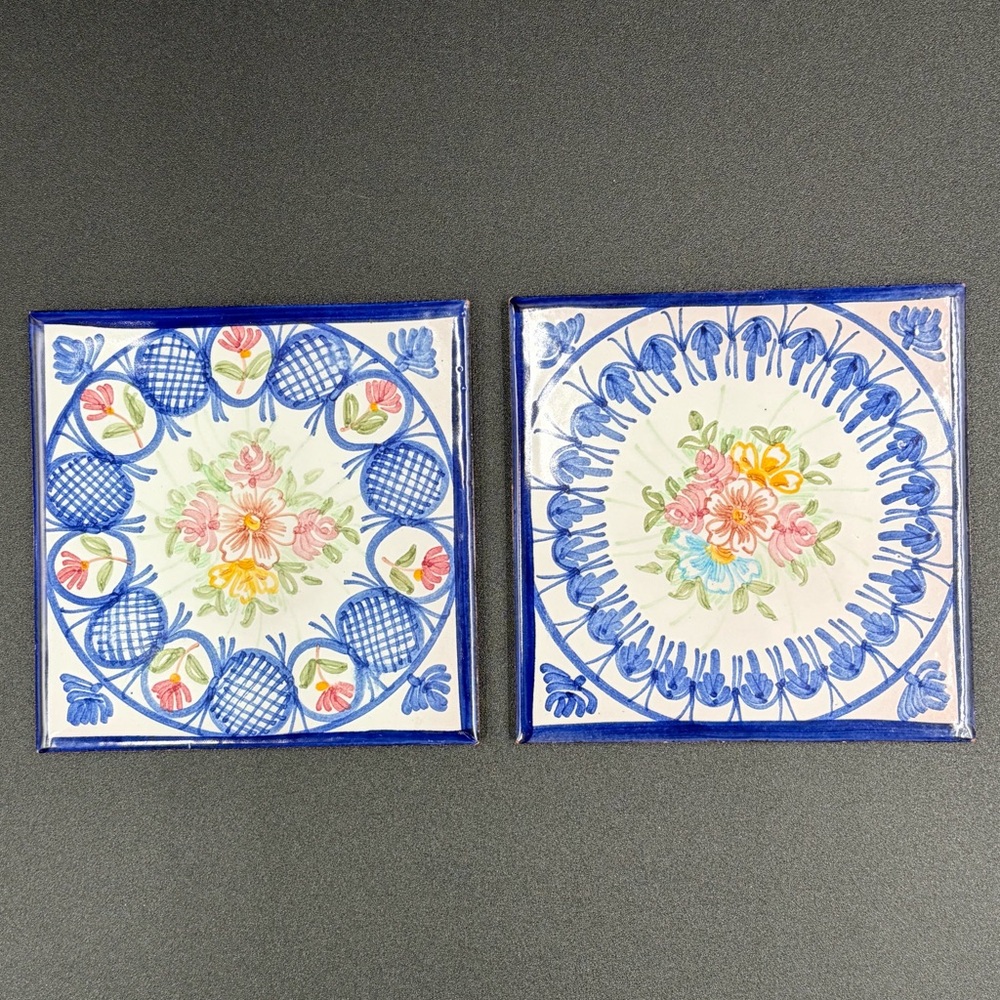 Lot of 2 NAO Spain Ceramic Tile Blue Floral Hand Painted Pottery